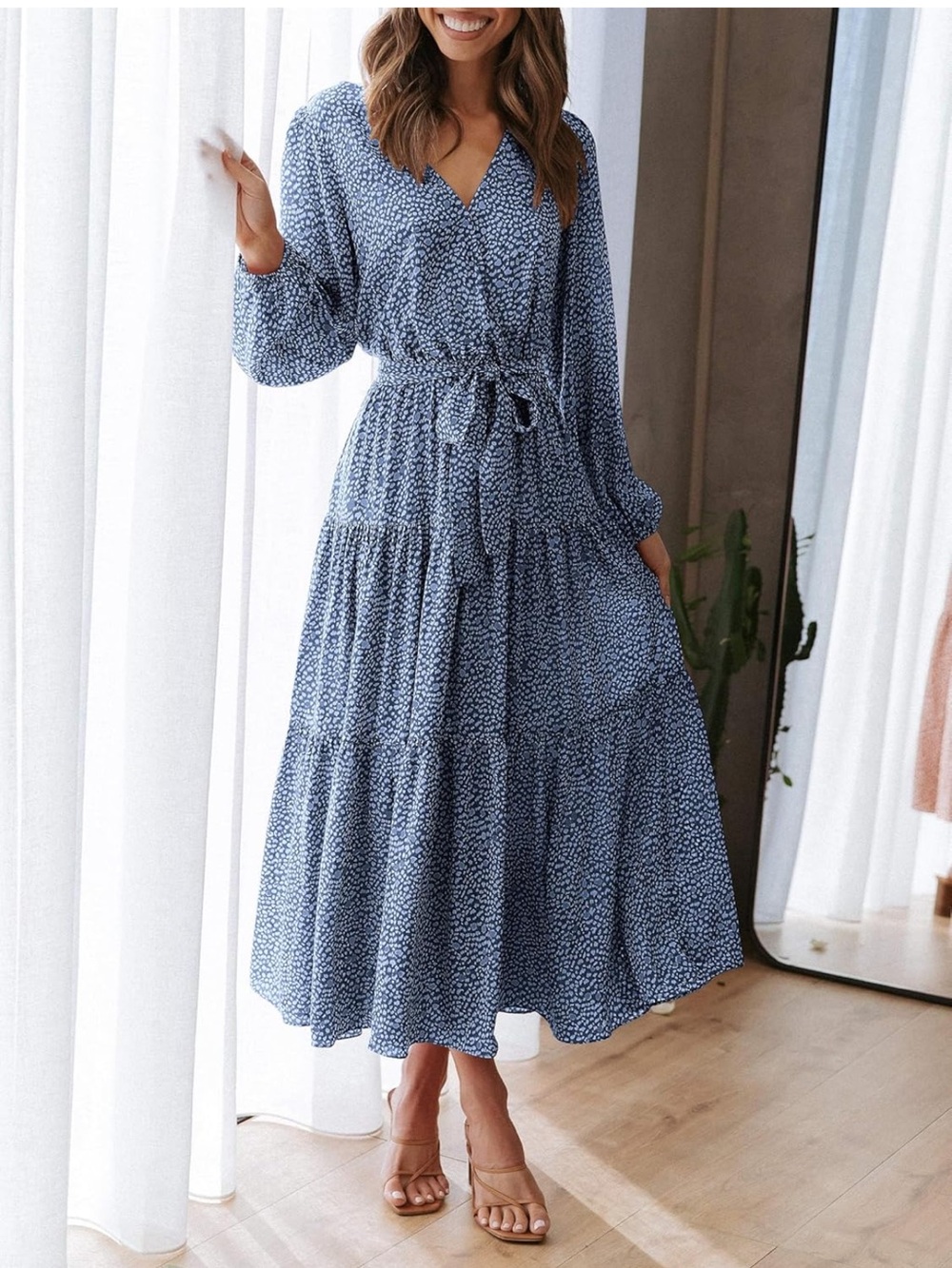 Blue & White Patterned Faux-Wrap Bodice V-Neck Tiered Maxi Dress